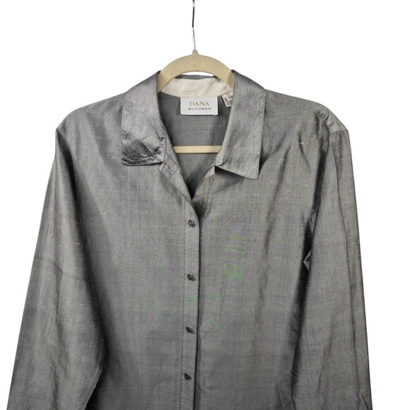 Dana Buchman Top Womens M Gray 100% Silk Blouse Button Up Shirt Business Career - Picture 3 of 7